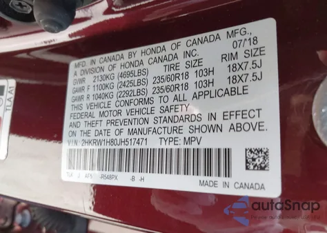 2018 Honda Cr-V Ex-L/Ex-L Navi z USA, uszkodzony, nr VIN 2HKRW1H80JH517471